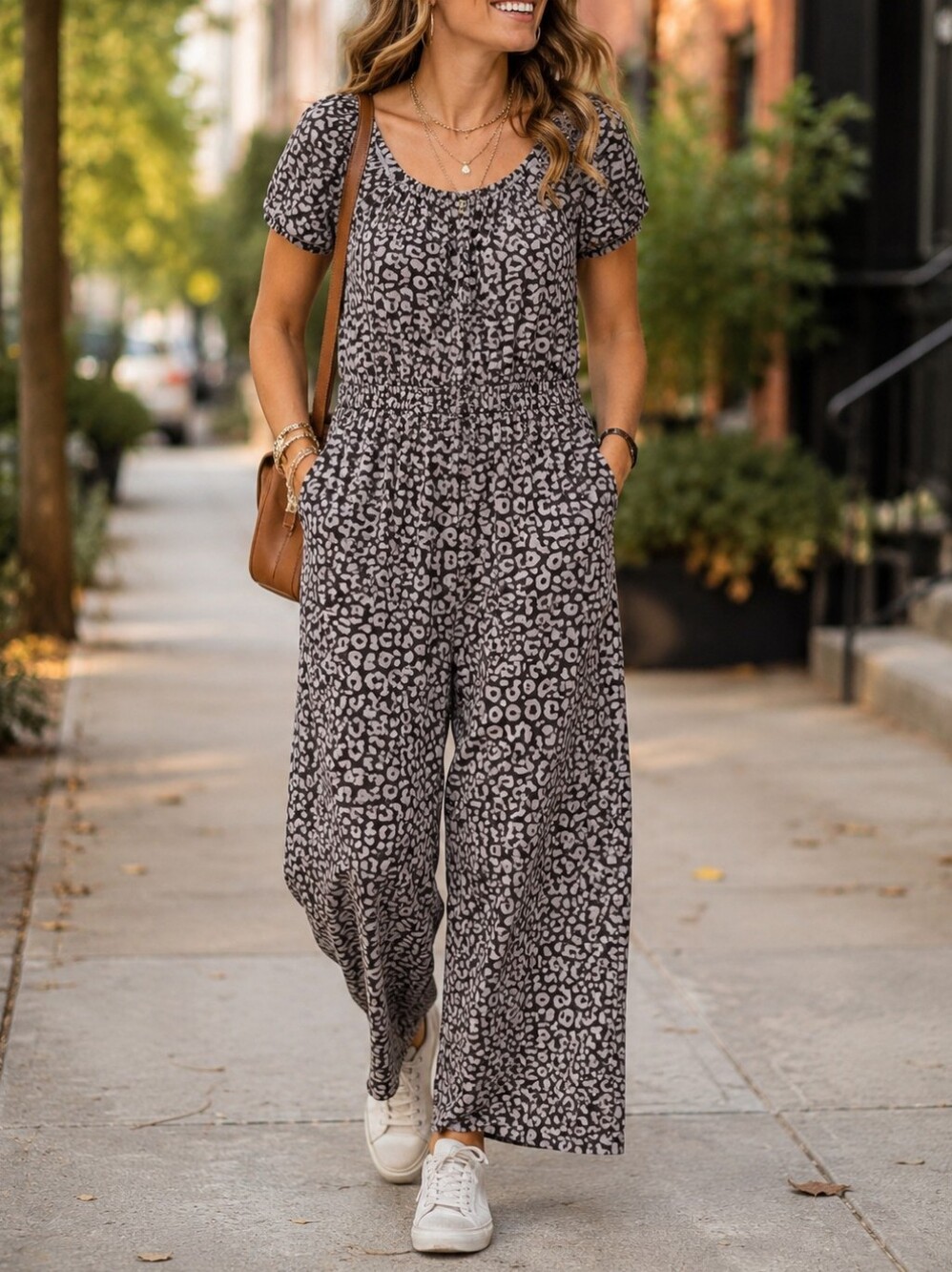 Smash + Tess Gray Leopard Print Wide Leg Jumpsuit Rayon Cotton Blend Resort Fall